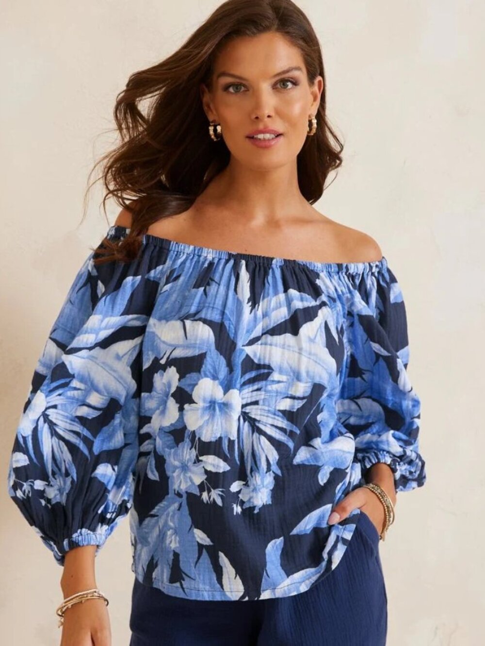 Tommy Bahama Daybreak Hibiscus Blue Floral On or Off Shoulder Top Sz M